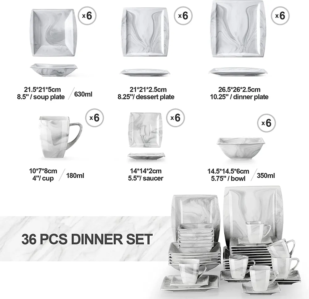 MALACASA Dish Set for 12, 60 Piece Marble Grey Square Dinnerware Sets, Porcelain Dinner Set with Plates and Bowls Sets, Cups and Saucers, Dishware Sets Kitchen Dishes Microwave Safe, Series Blance