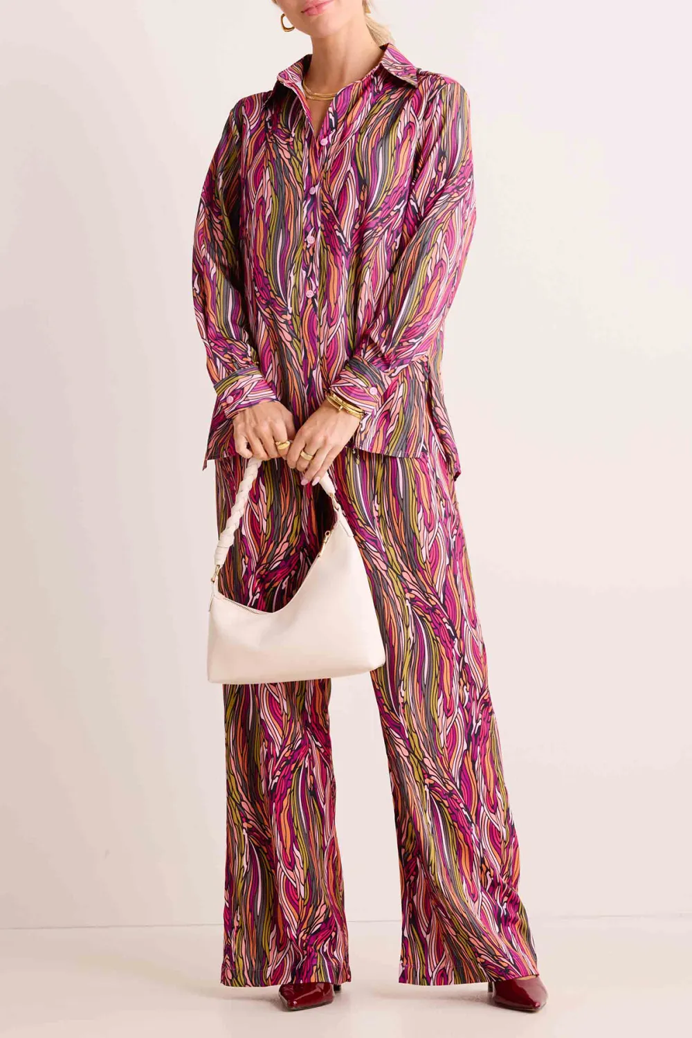 Multicolored Striped Print Collared Long Sleeve Blouse