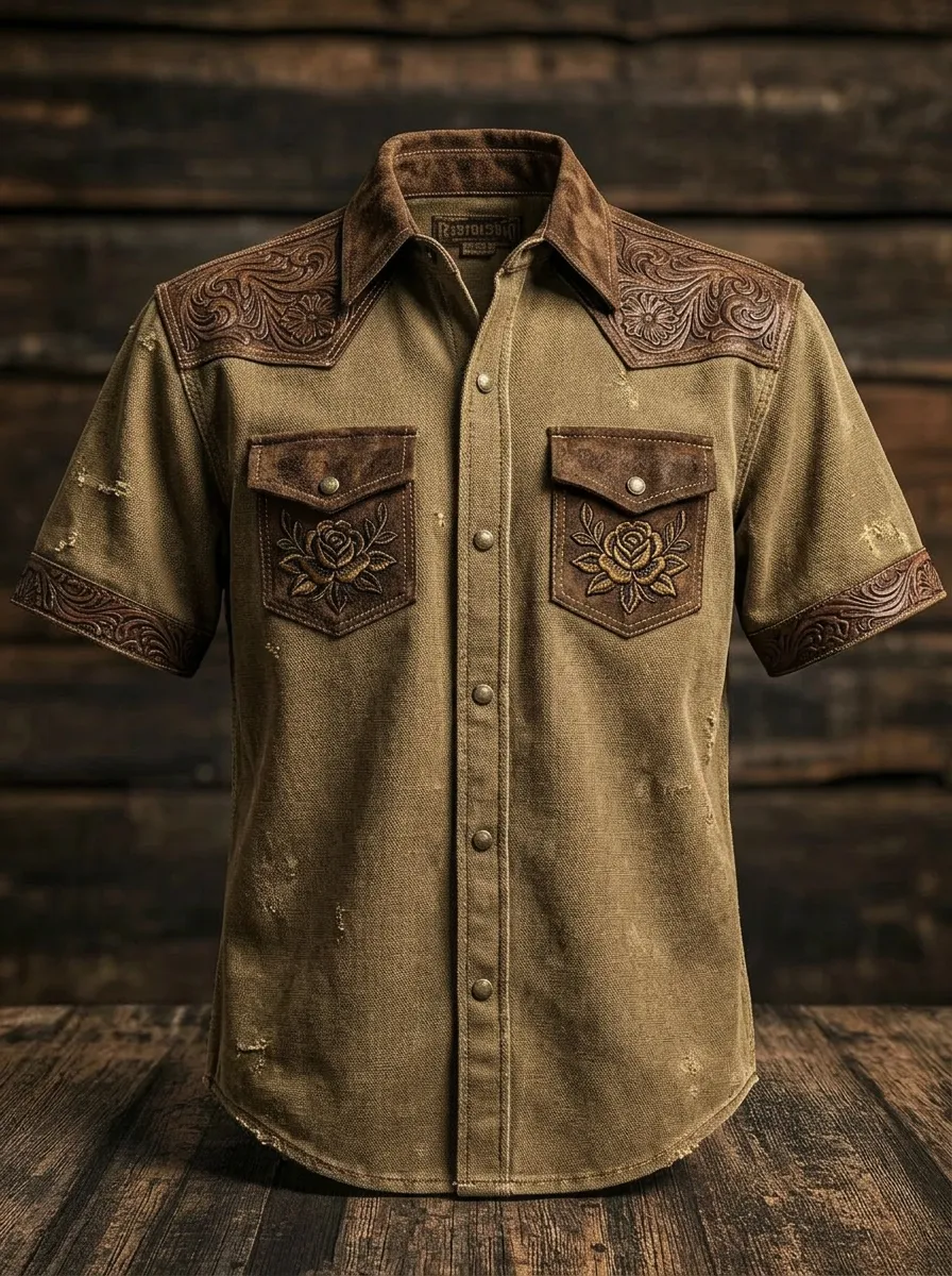 Men's Western Cowboy Rose Floral Tooled Leather Printed Shirt
