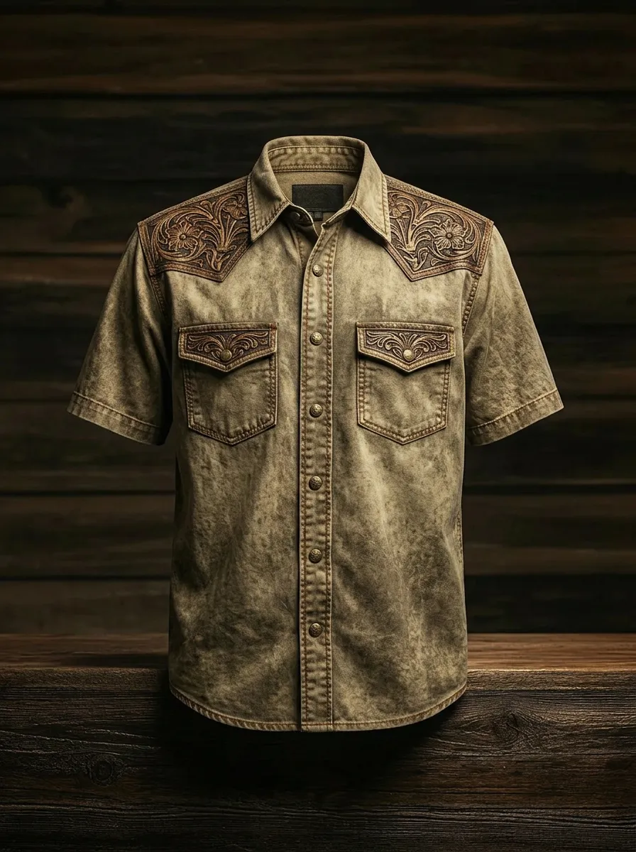 Men's Western Style Floral Tooled Leather Pattern Printed Shirt