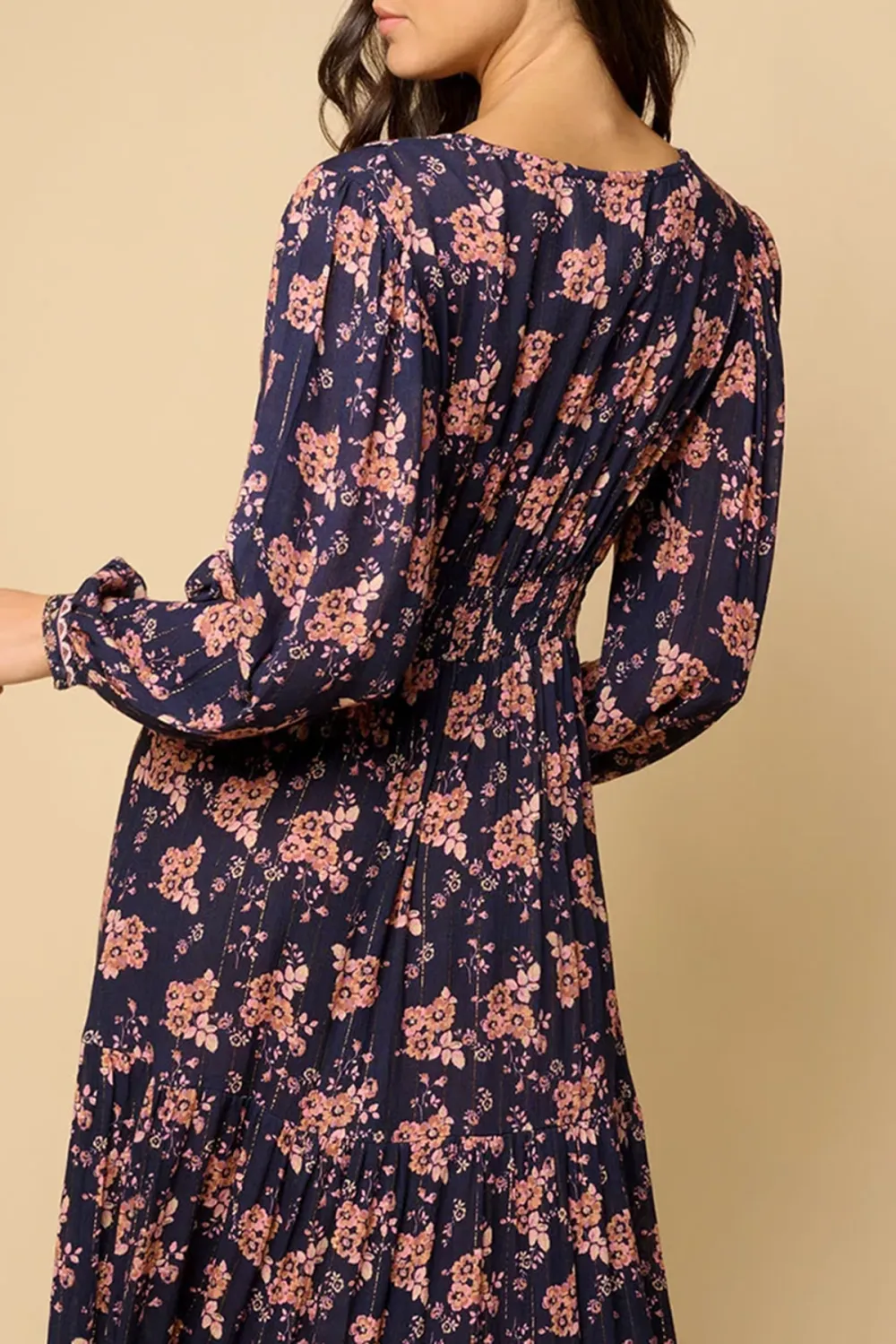 Navy And Pink Floral Print Long Sleeve Maxi Dress
