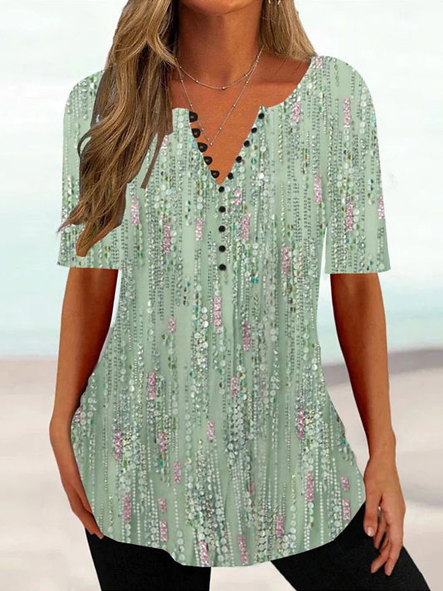 Printed V Neck Button Down Short Sleeved Top