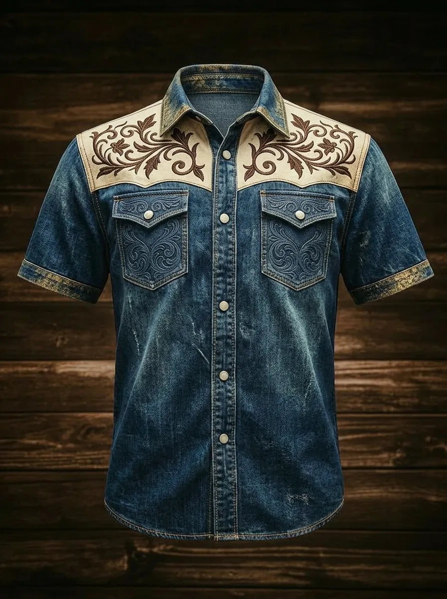 Men's Western Cowboy Floral Embroidered Denim Printed Shirt-2