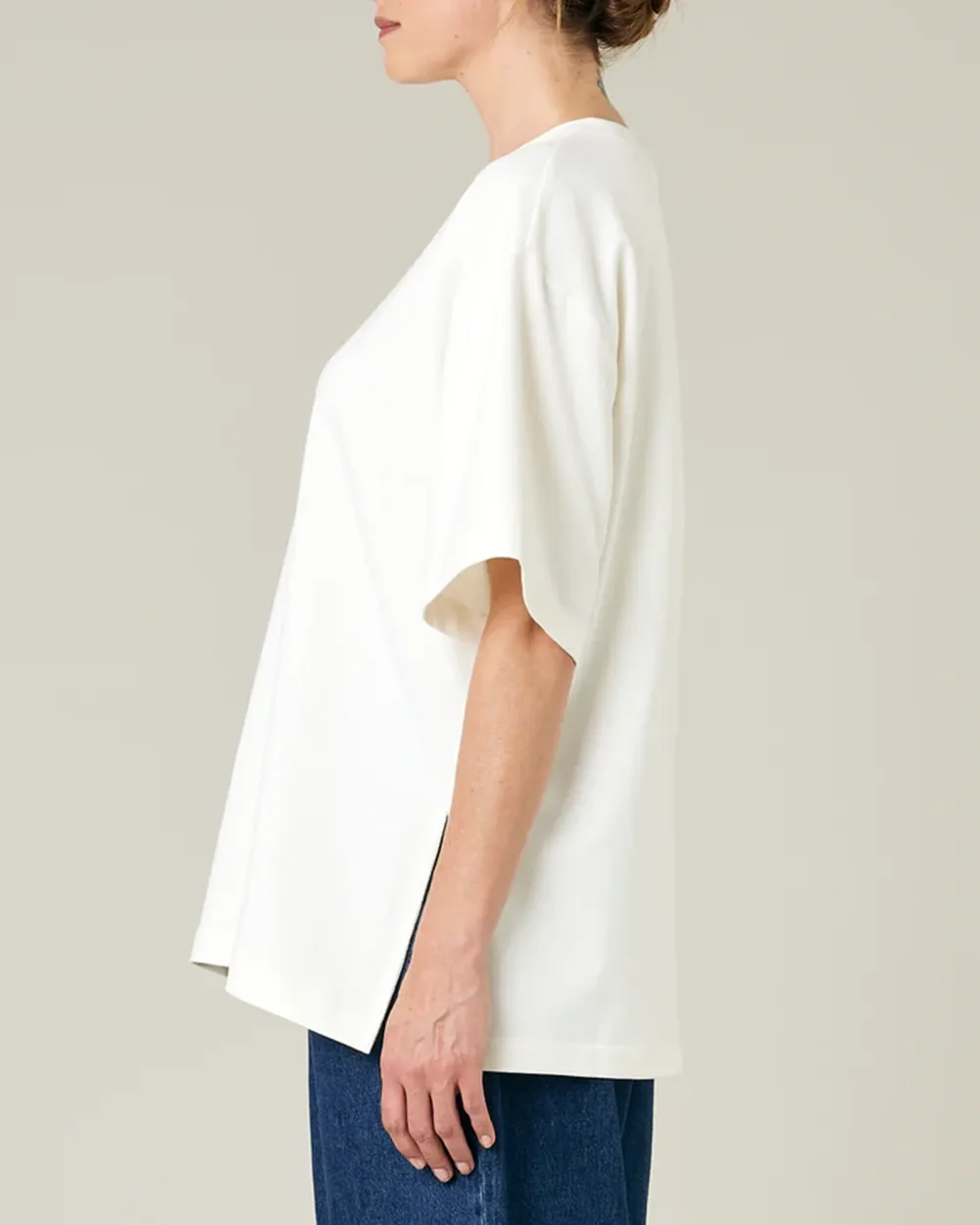 OFF WHITE COTTON JERSEY SHORT DROP SLEEVE TOP
