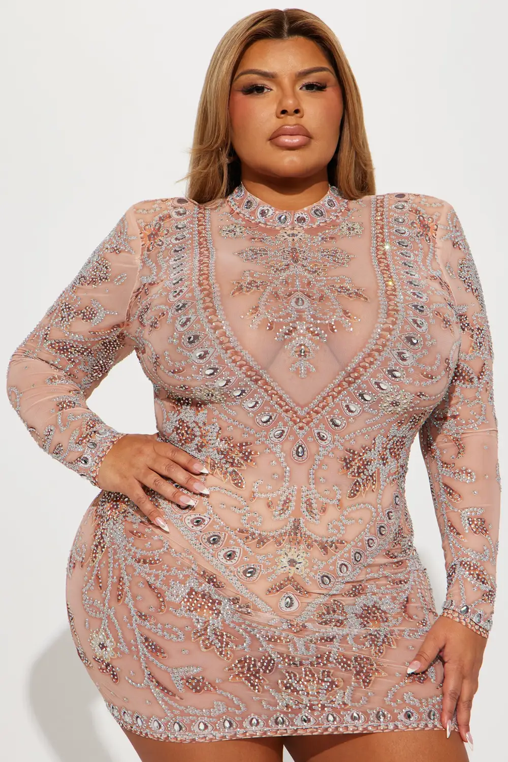 Queen Cleopatra Embellished Mini Dress - Nude