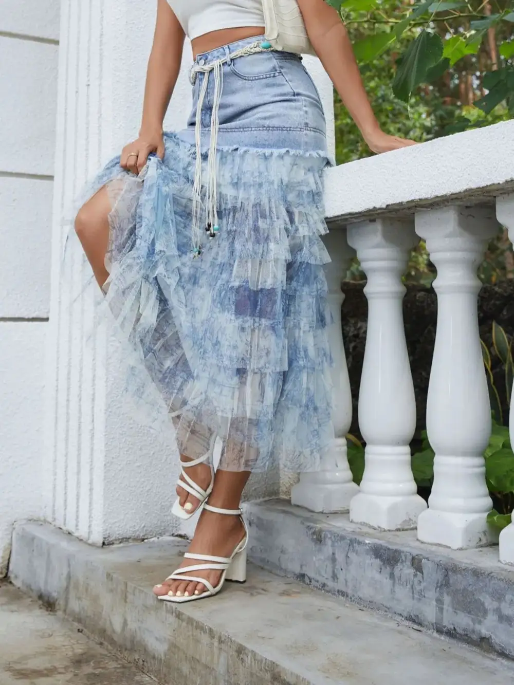 Wearable Ruffle Trim Denim Detail Skirt