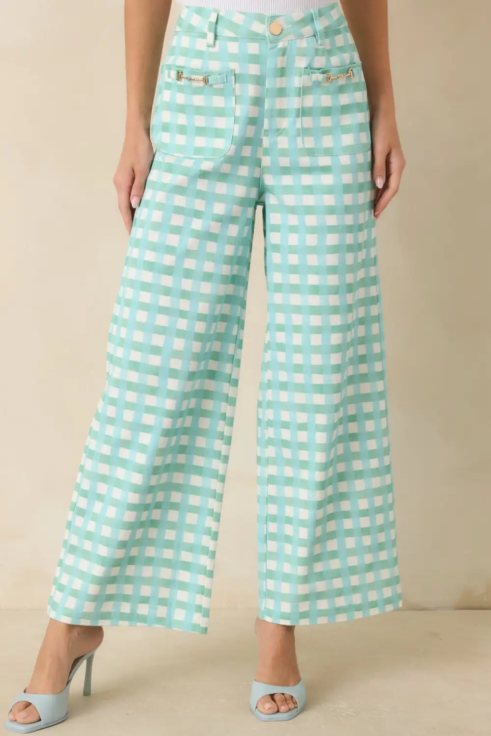 Aqua Mint Gingham Cotton Wide Leg Pants
