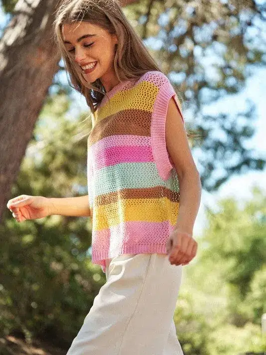 In a World Full of Color Crochet Multi Striped Sleeveless Knit Sweater