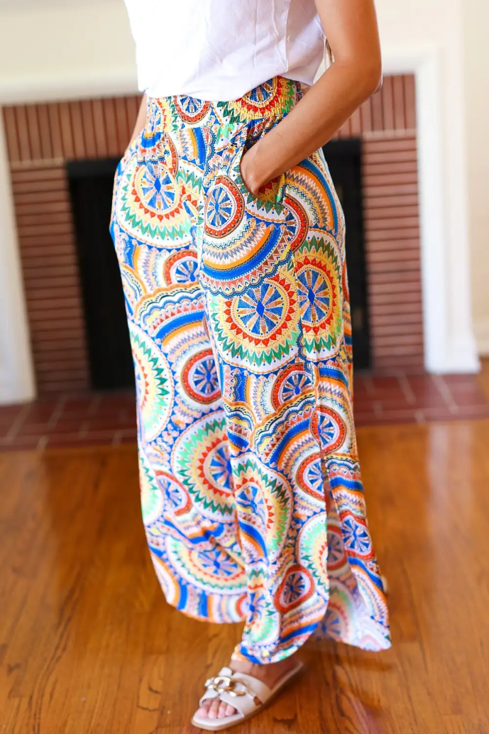 Mandala Smocked Waist Side Slit Palazzo Pants