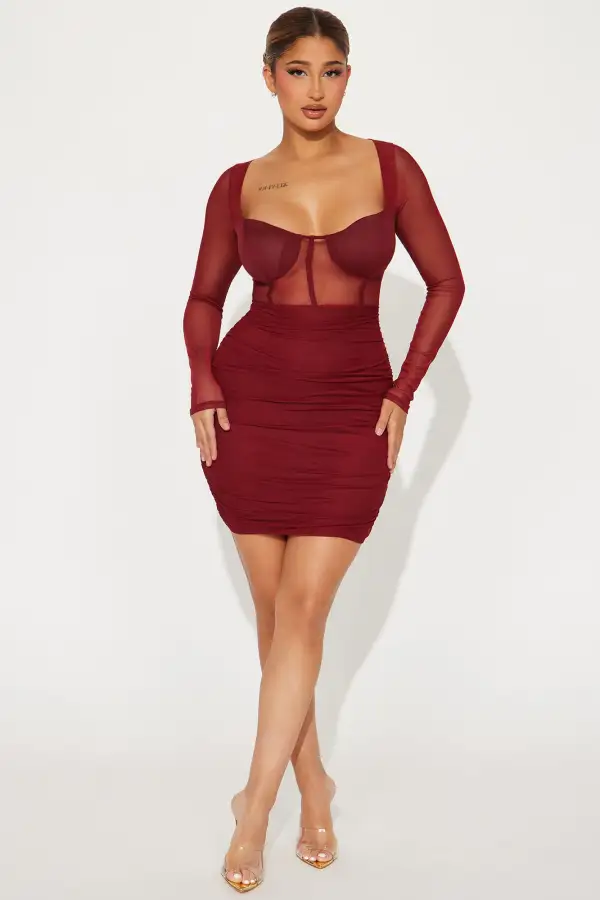 Lola Mesh Corset Mini Dress - Burgundy