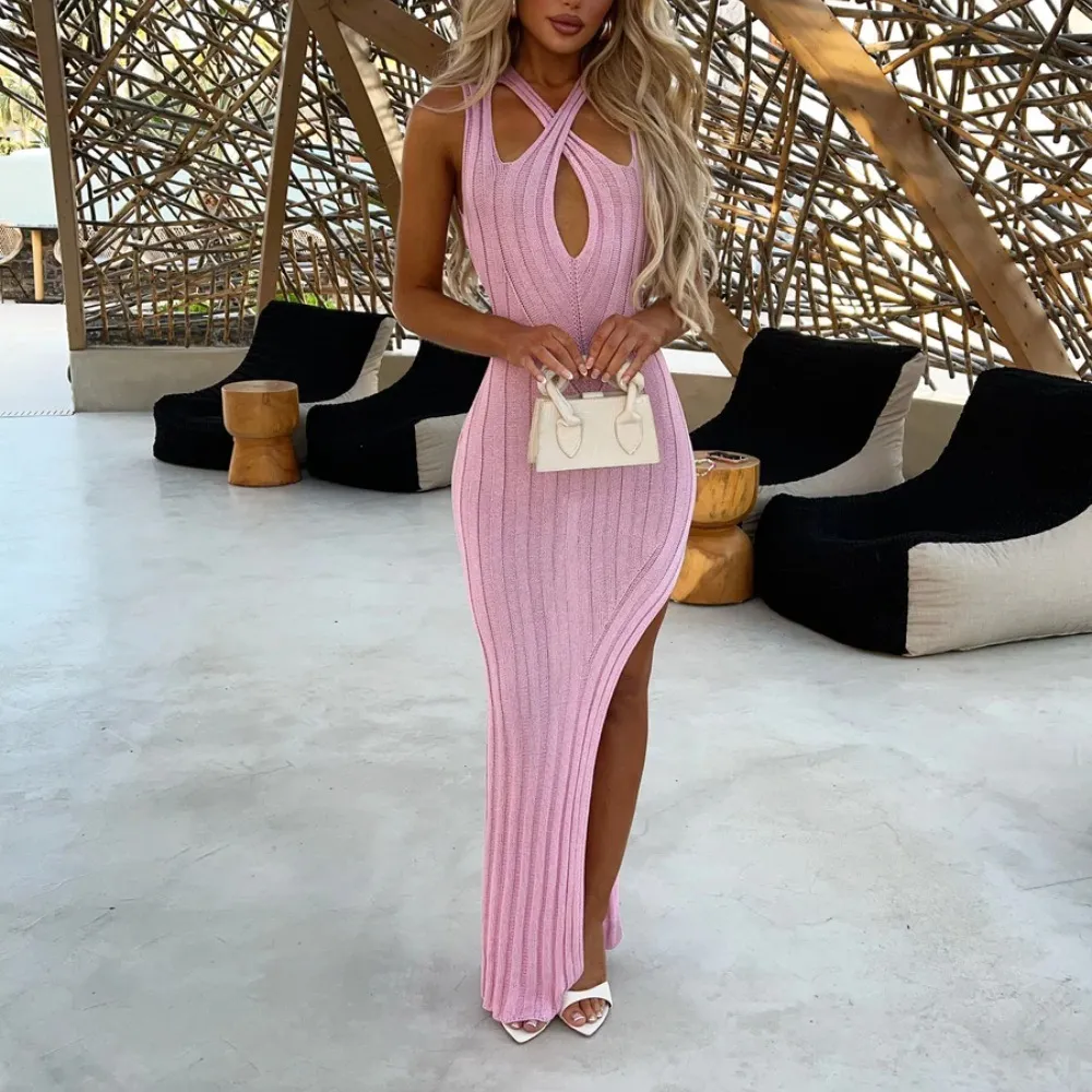 Fashion tight solid color knitted striped side slit dress for women
