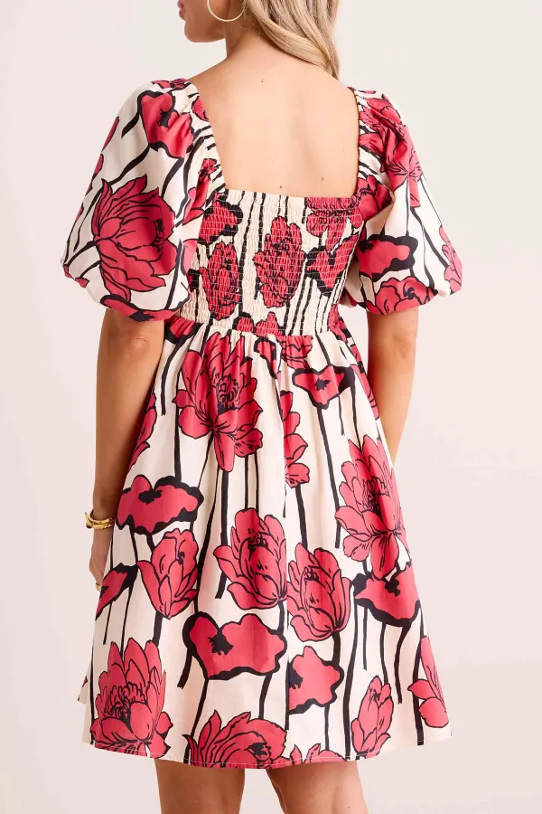 Floral Print Square Neck Puff Sleeve Dress