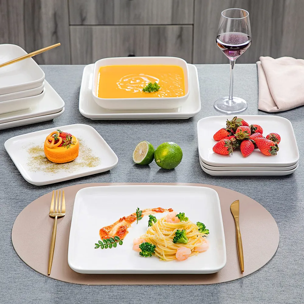 MALACASA Dishes Set for 12, Marble Grey Square Dinnerware Sets, 48 Piece Porcelain Plates and Bowls Sets with Dinner Plates, Dessert Plates, Soup Plates and Cereal Bowls, Series IVY