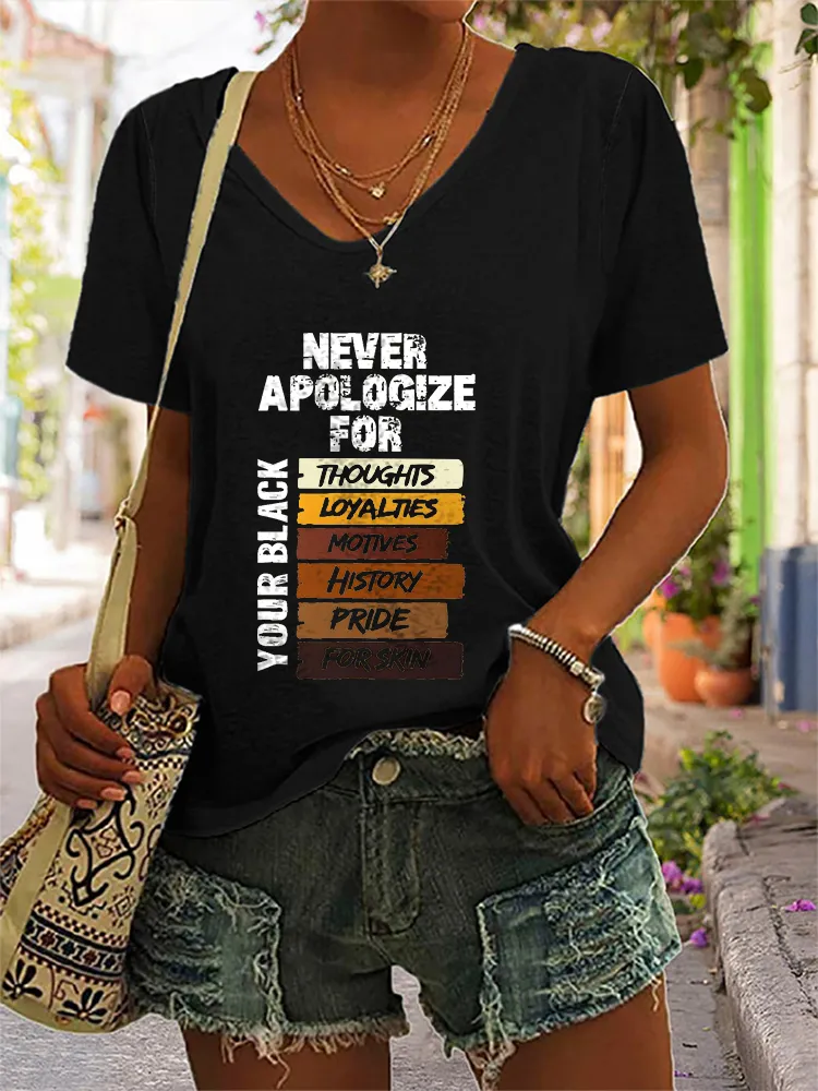 Women's Never Apologize For Your Black Thoughts Loyalties Motives History Pride For Skin V-Neck Short-Sleeved T-Shirt