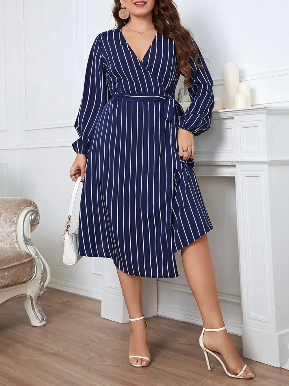 Commuter Stripe Loose V Neck Large Size Belt Women Dress