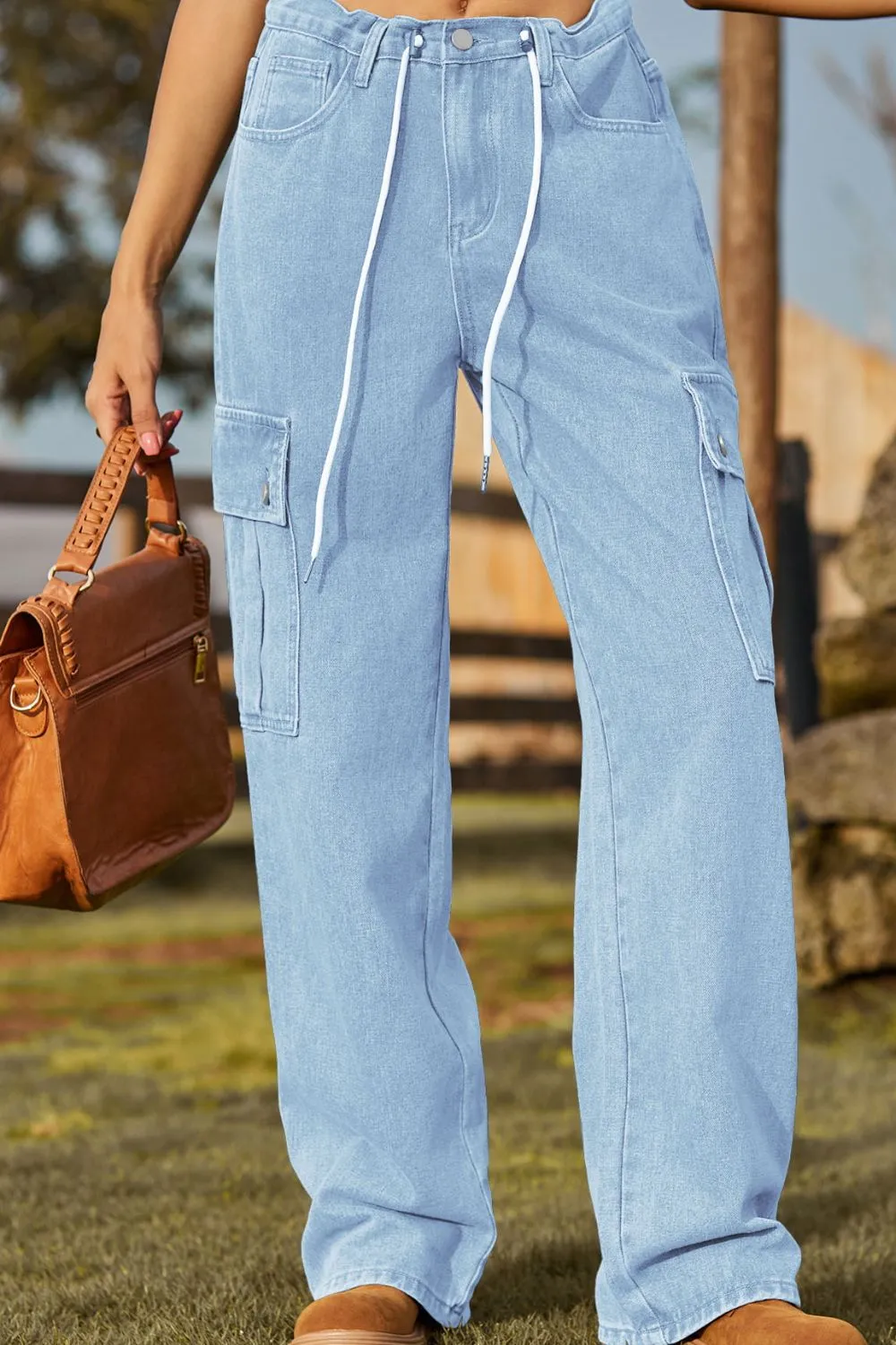 Loose Fit Drawstring Jeans With Pocket
