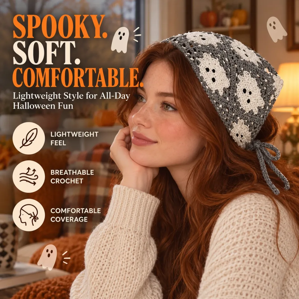 Women's Halloween Polyester Triangle Bandana - Crochet Boho Bandana with Ghost/Bat/Web Pattern, Triangle Shape