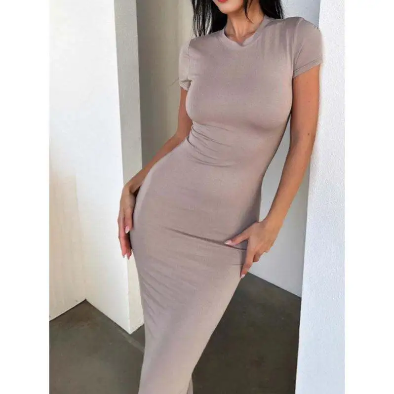 Solid Color Fitted Short Sleeve Women's Casual Dress