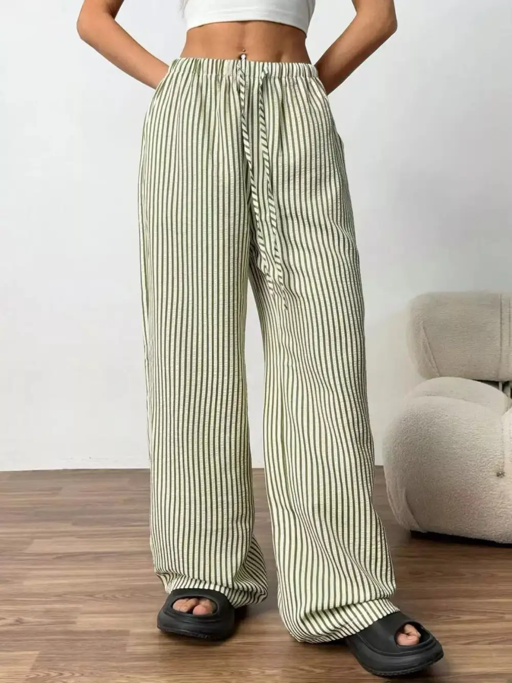 Full Size Striped Drawstring Waist Wide Leg Pants