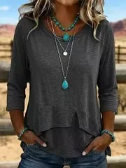 Women'S Retro Art Knitted Splicing Asymmetric Shirt