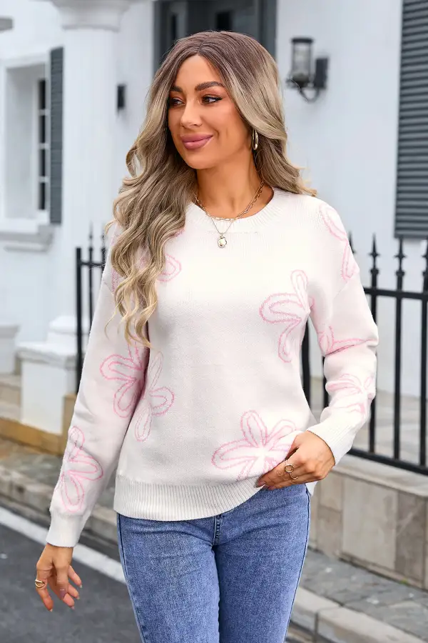 Flower Long Sleeve Round Neck Sweater