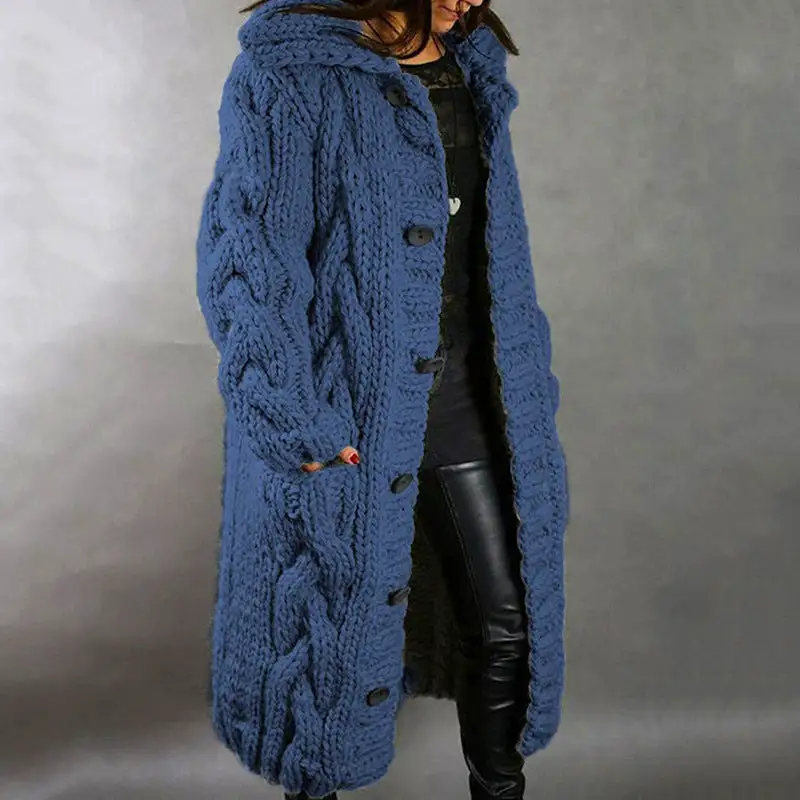 Women's Bulky Knit Cardigan Coat with Hood and Pockets in 7 Colors S-5XL