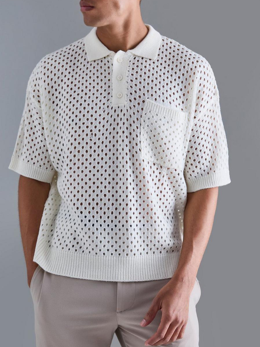 BOXY FIT CROCHET KNITTED V-NECK POLO