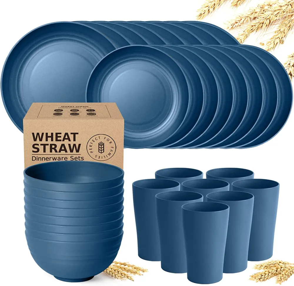 32-Piece Kitchen Wheat Straw Dinnerware Set, Service for 8, Dinner Plates, Dessert Plate, Cereal Bowls, Cups, Unbreakable Plastic Outdoor Camping Dishes, Black