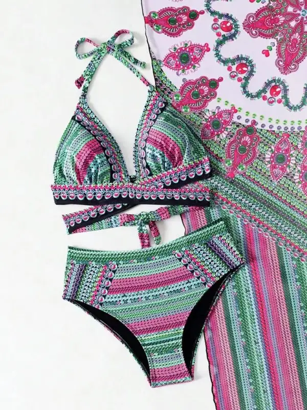 Digital Printed Shawl High Waist Bikini Swim Set