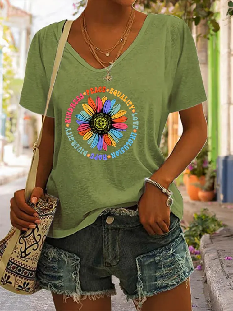 Black Floral Sunflower Pattern T-Shirt