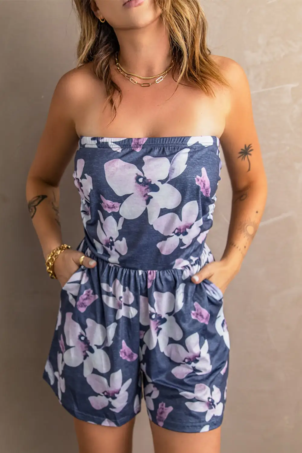 Bandeau Floral Print Romper With Pockets