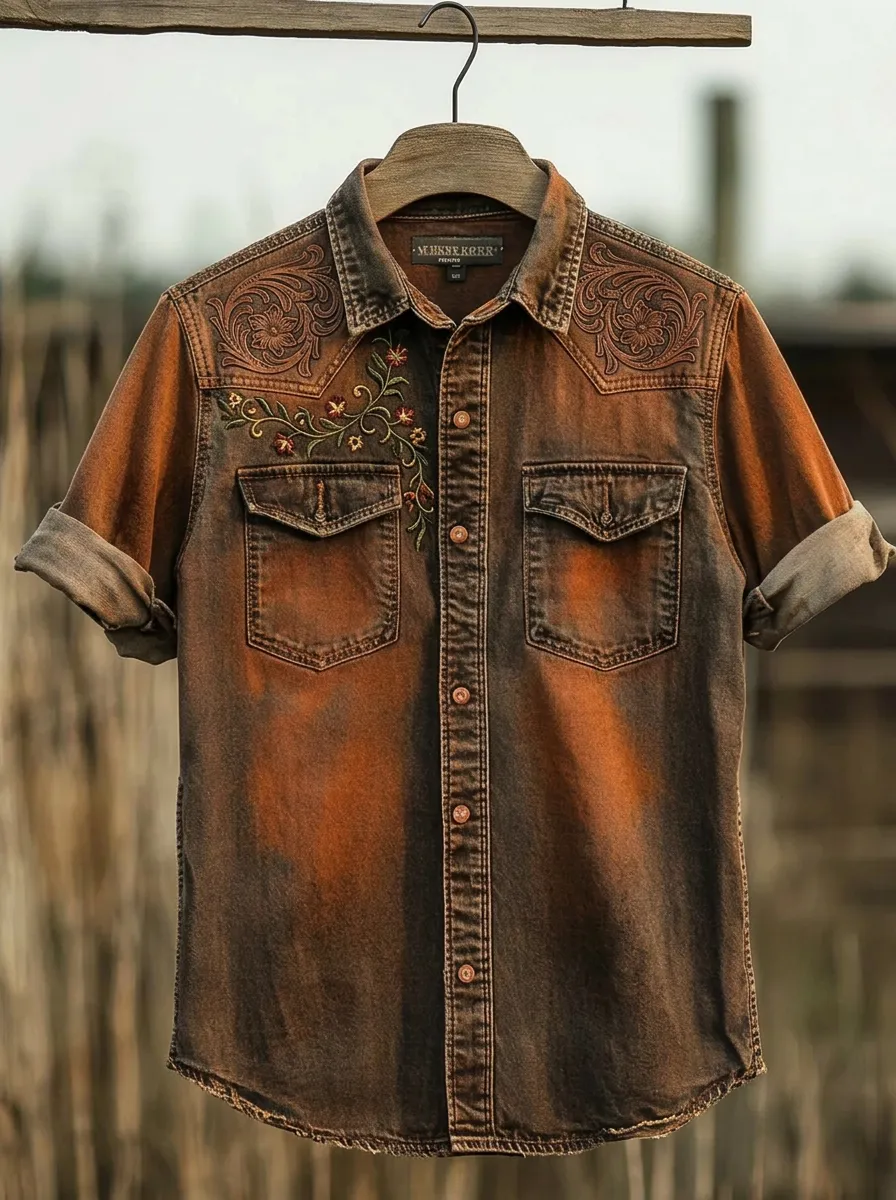 Men's Western Style Floral Embroidered Vintage Washed Denim Shirt