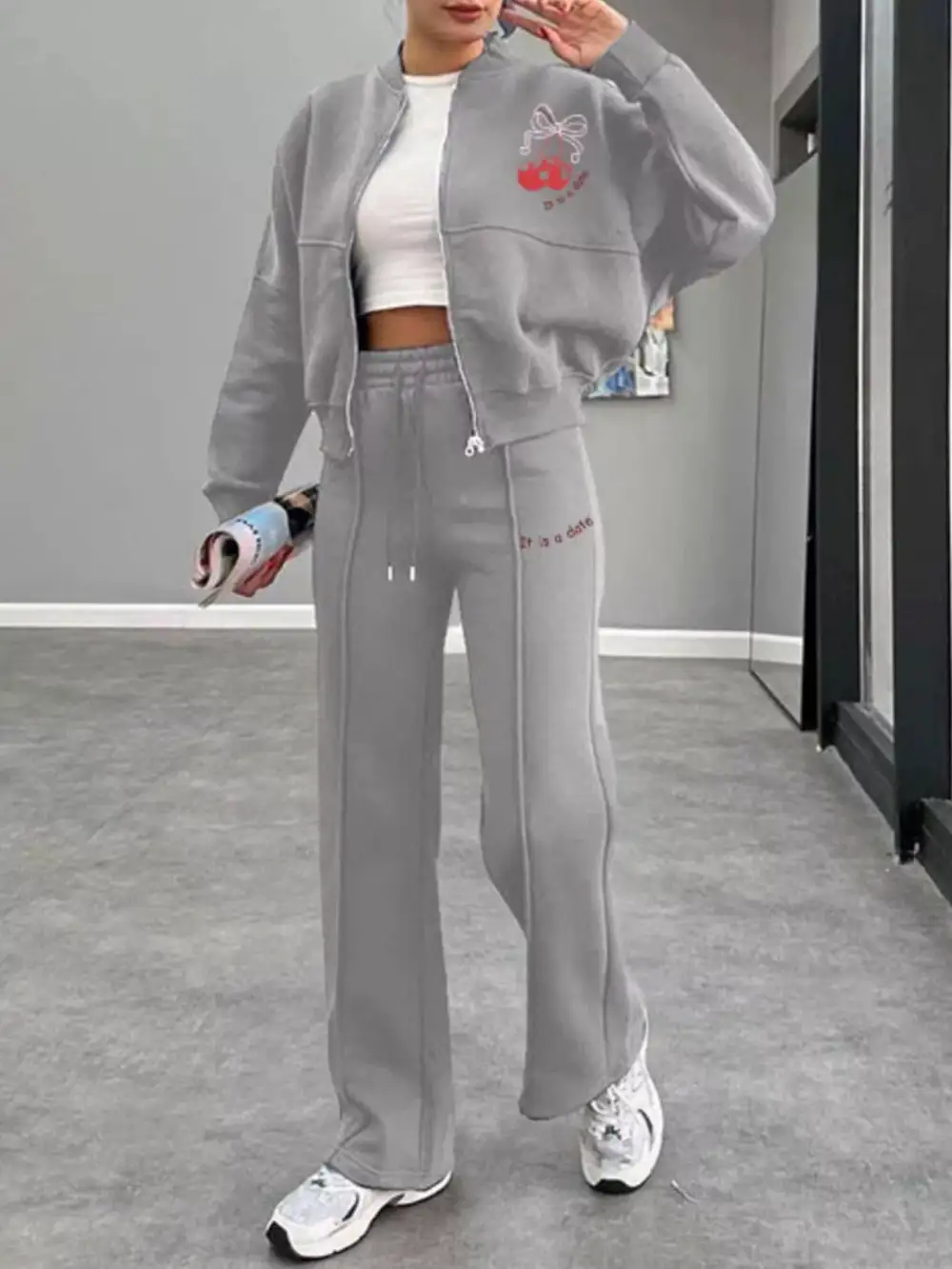 Zip Up Dropped Shoulder Outerwear and Pants Set