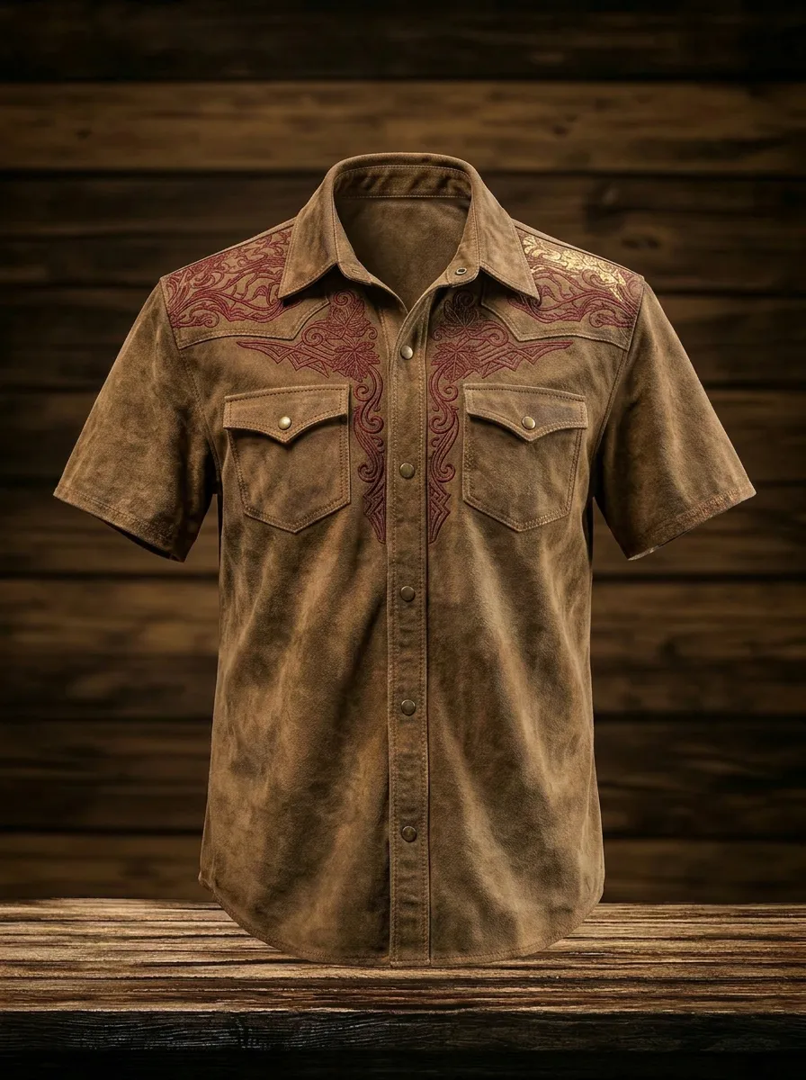 Men's Western Cowboy Floral Embroidery Printed Shirt