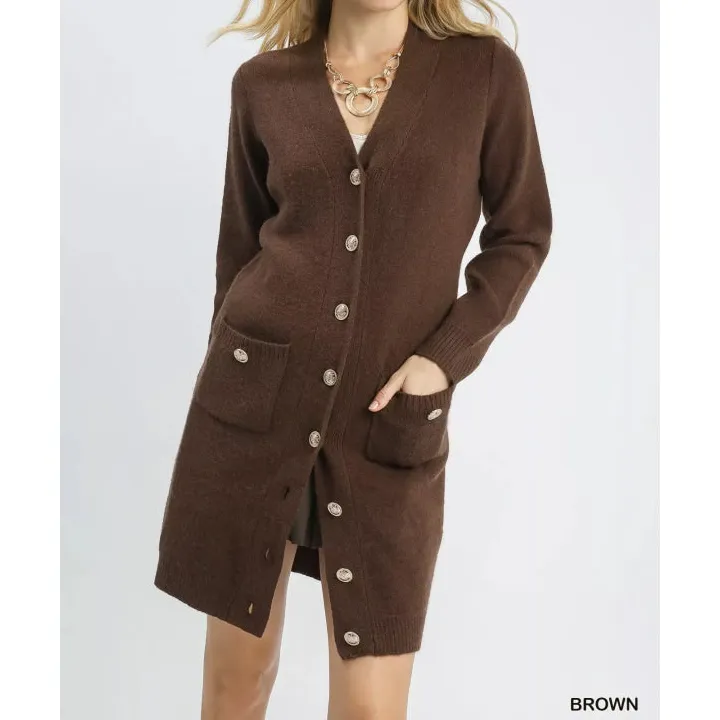 Classic Button Down Longline Sweater Cardigan with Front Pockets