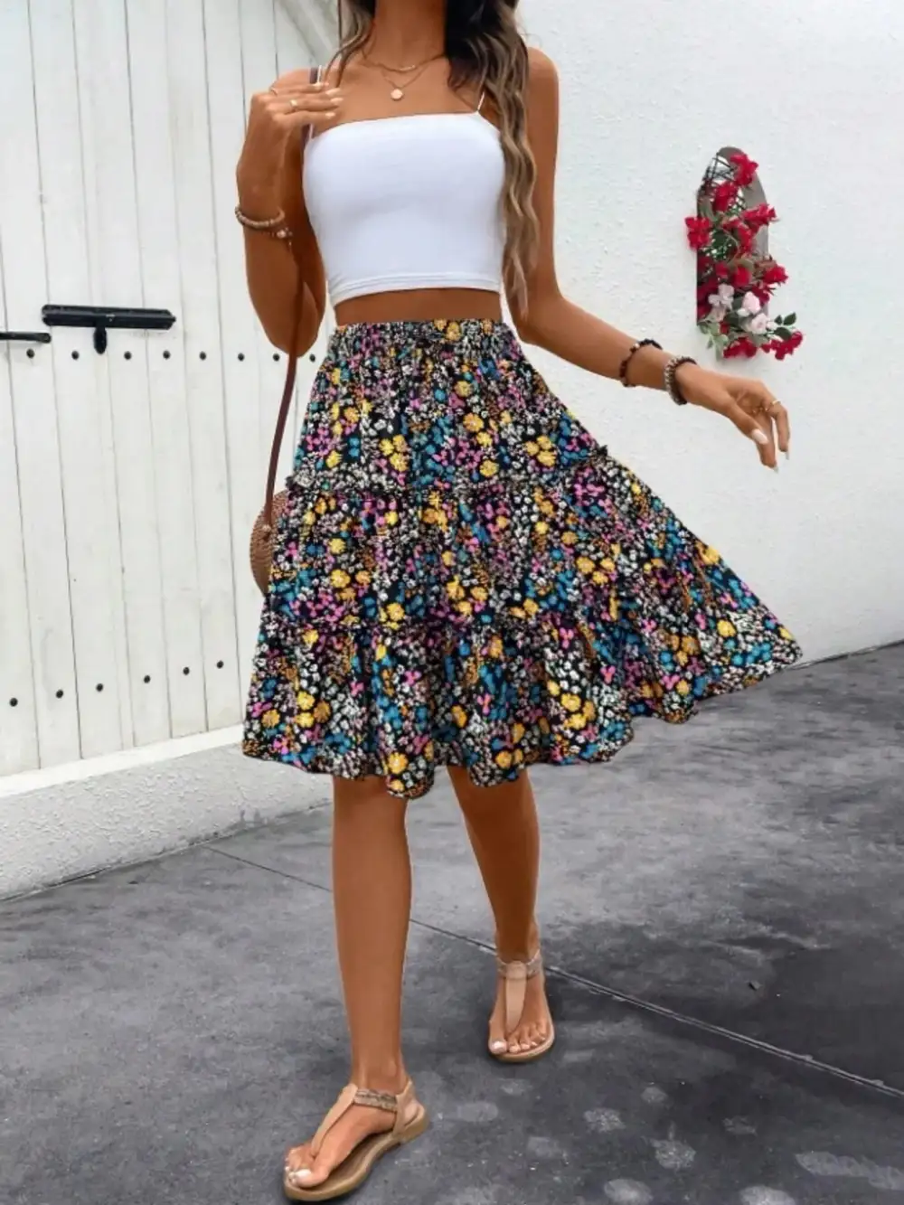 Textured Ruffle Trim Printed Silhouette Skirt