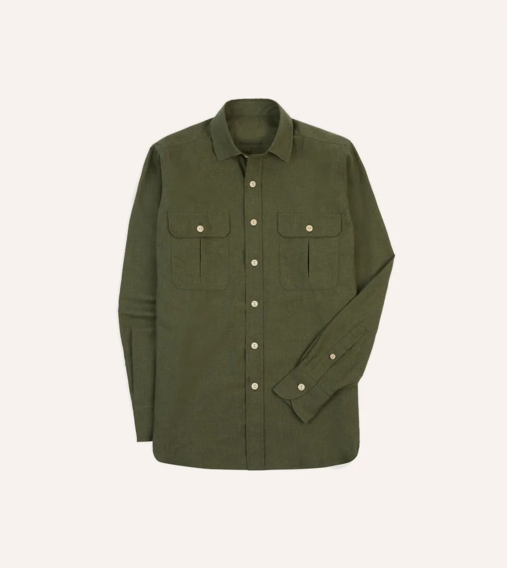Khaki Green Button Front Cotton Flannel Two-Pocket Work Shirt