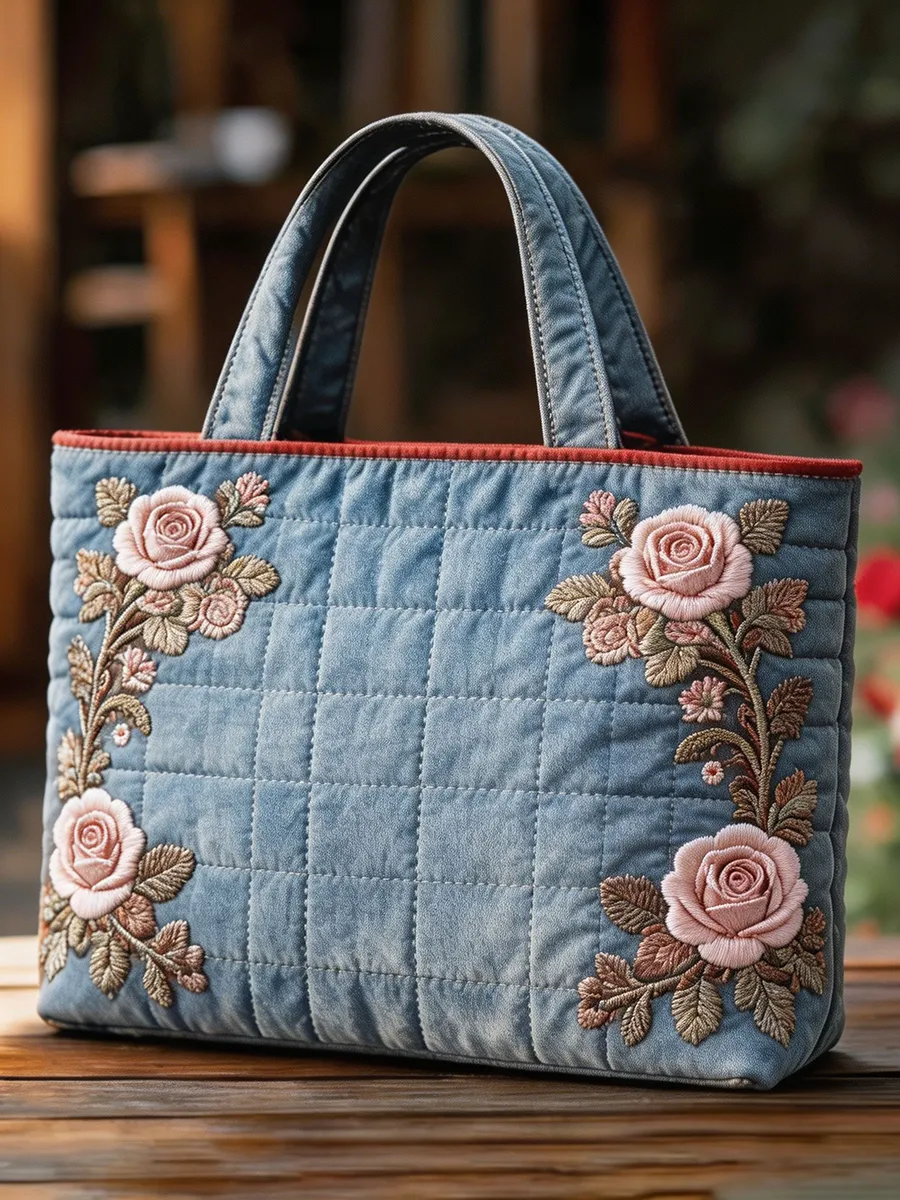 Women's Quilted Cotton Blended Rose Embroidered Tote Bag