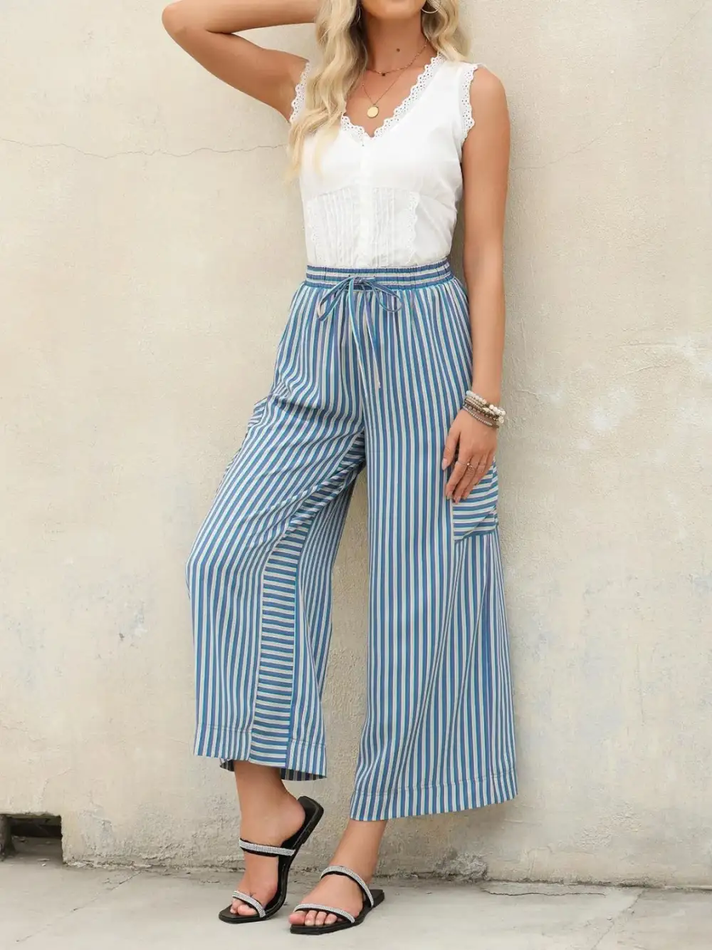 Contrast Striped Wide Leg Pants