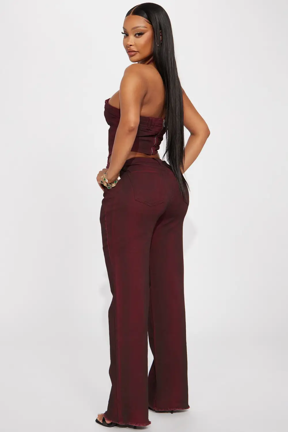 Next Level Washed Denim Pant Set - Wine