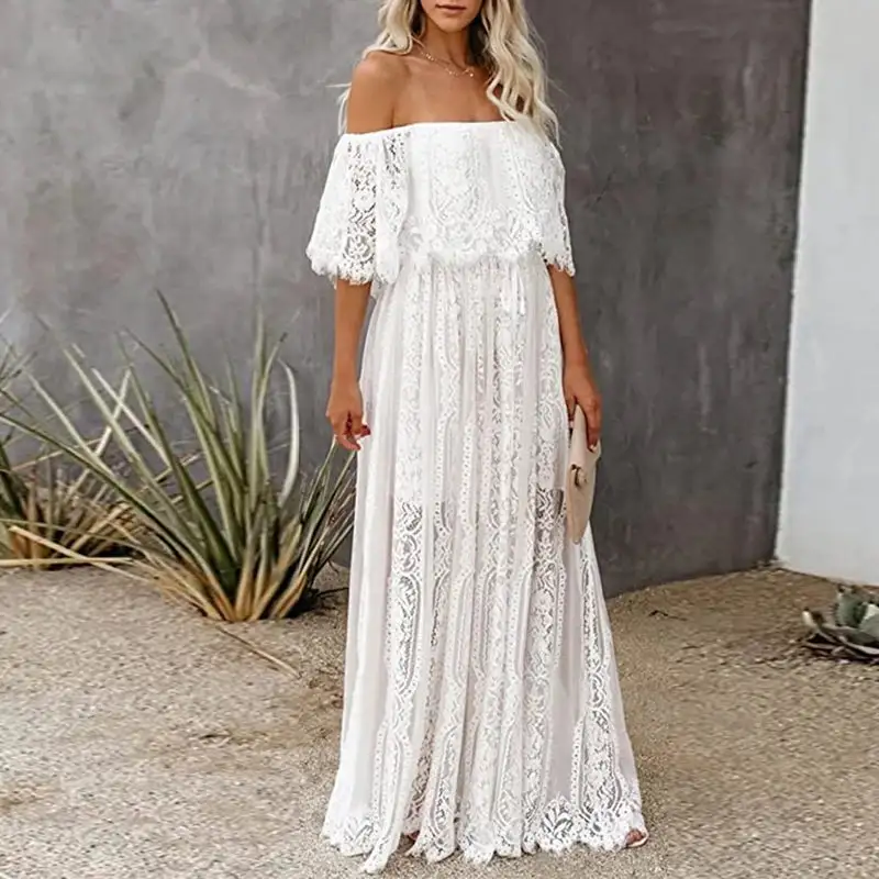 Majestic White Lace Off Shoulder Boho Dress