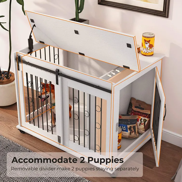 Dog Crate Furniture With Divider For 2 Small To Medium Pets, Wooden Cage End Table, Heavy Duty Indoor Puppy Kennel With Removable Divider And Sliding Door, 39.37'w*25.2'd*28.94'h