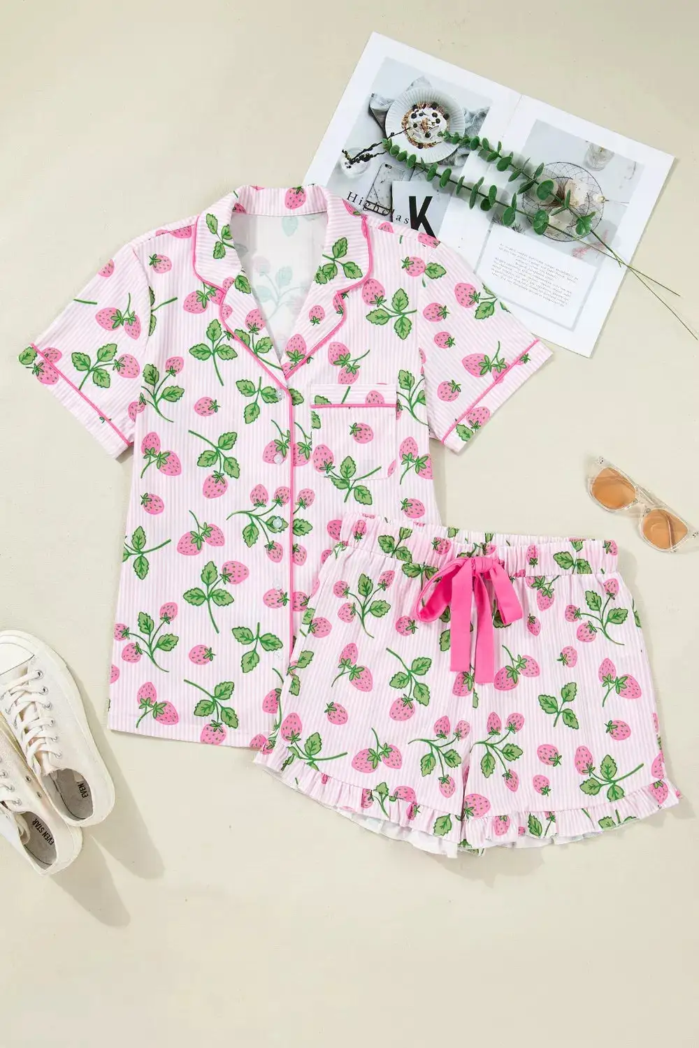 Striped Strawberry Print Lapel Shirt Drawstring Shorts Pcs Pajama Set