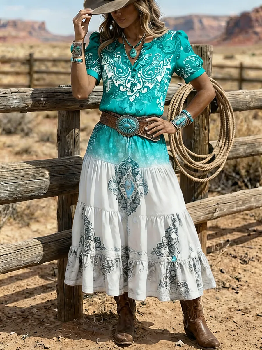 Women's Western Paisley Print Ruffle Maxi Dress