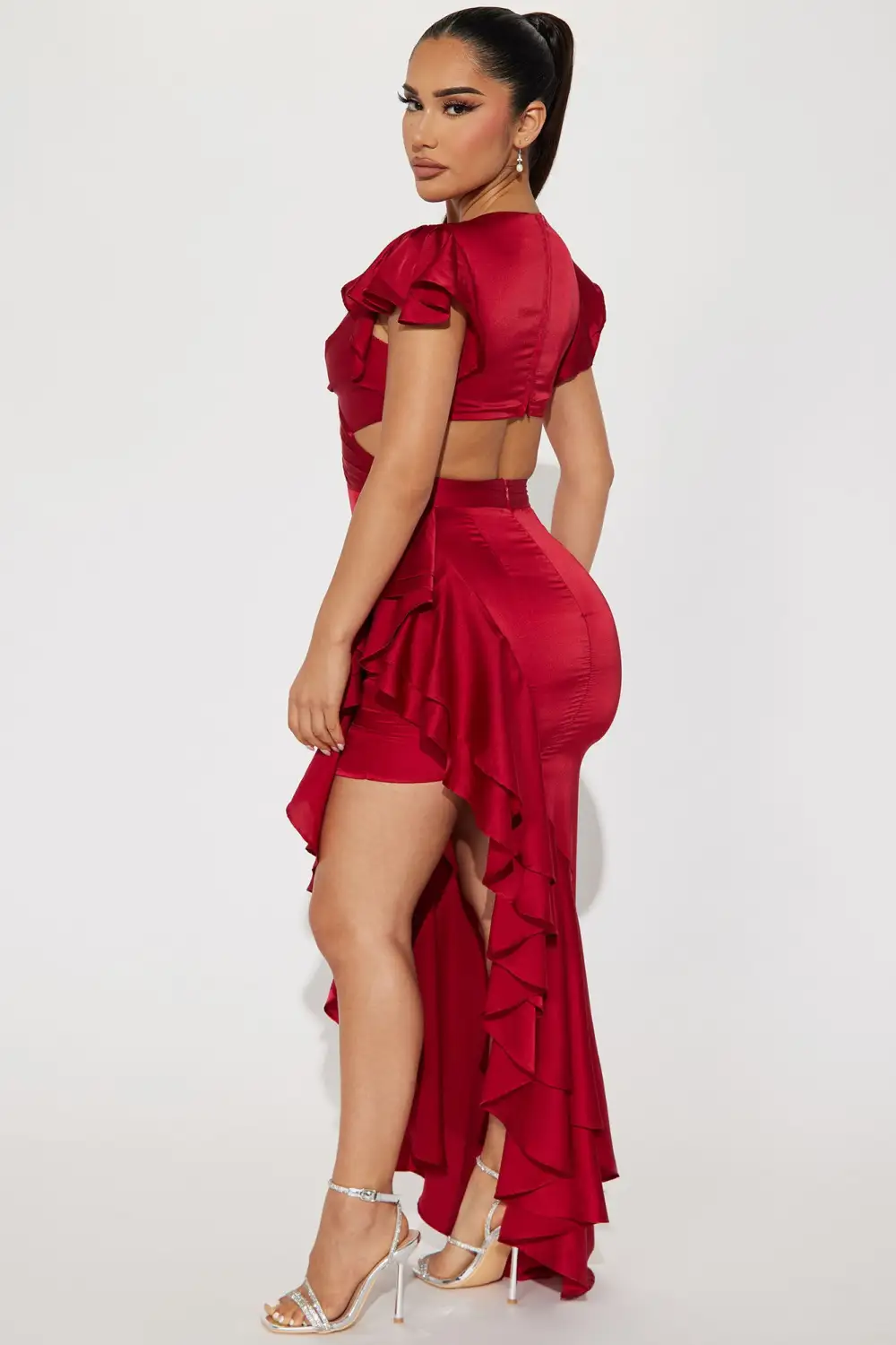 Carrie Satin Ruffle Maxi Dress - Red