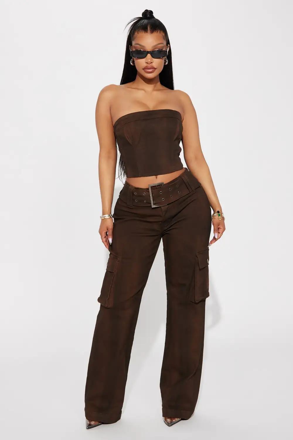 Jeanne Denim Washed Pant Set - Brown