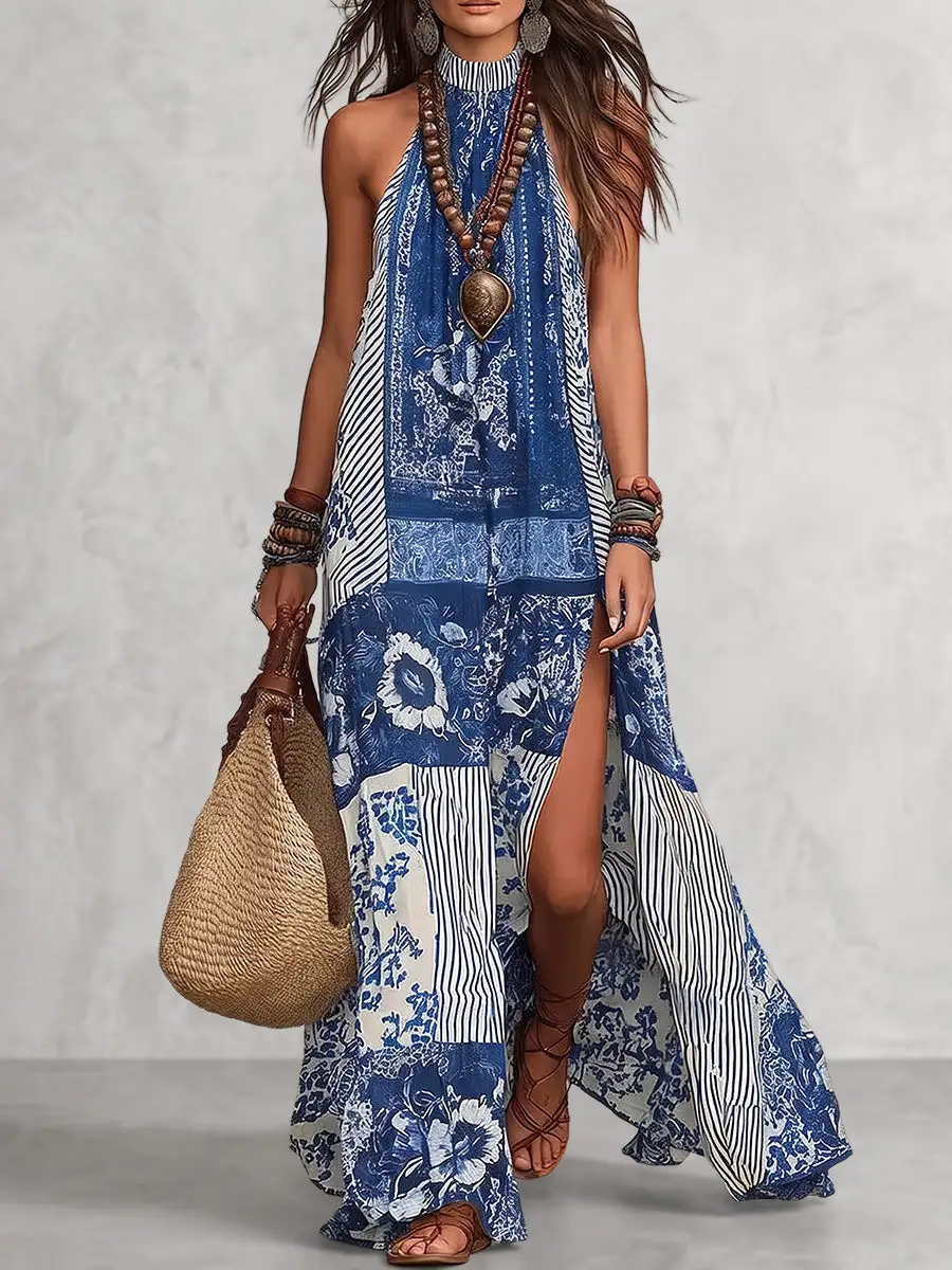 Backless Printed Neck Maxi Dress
