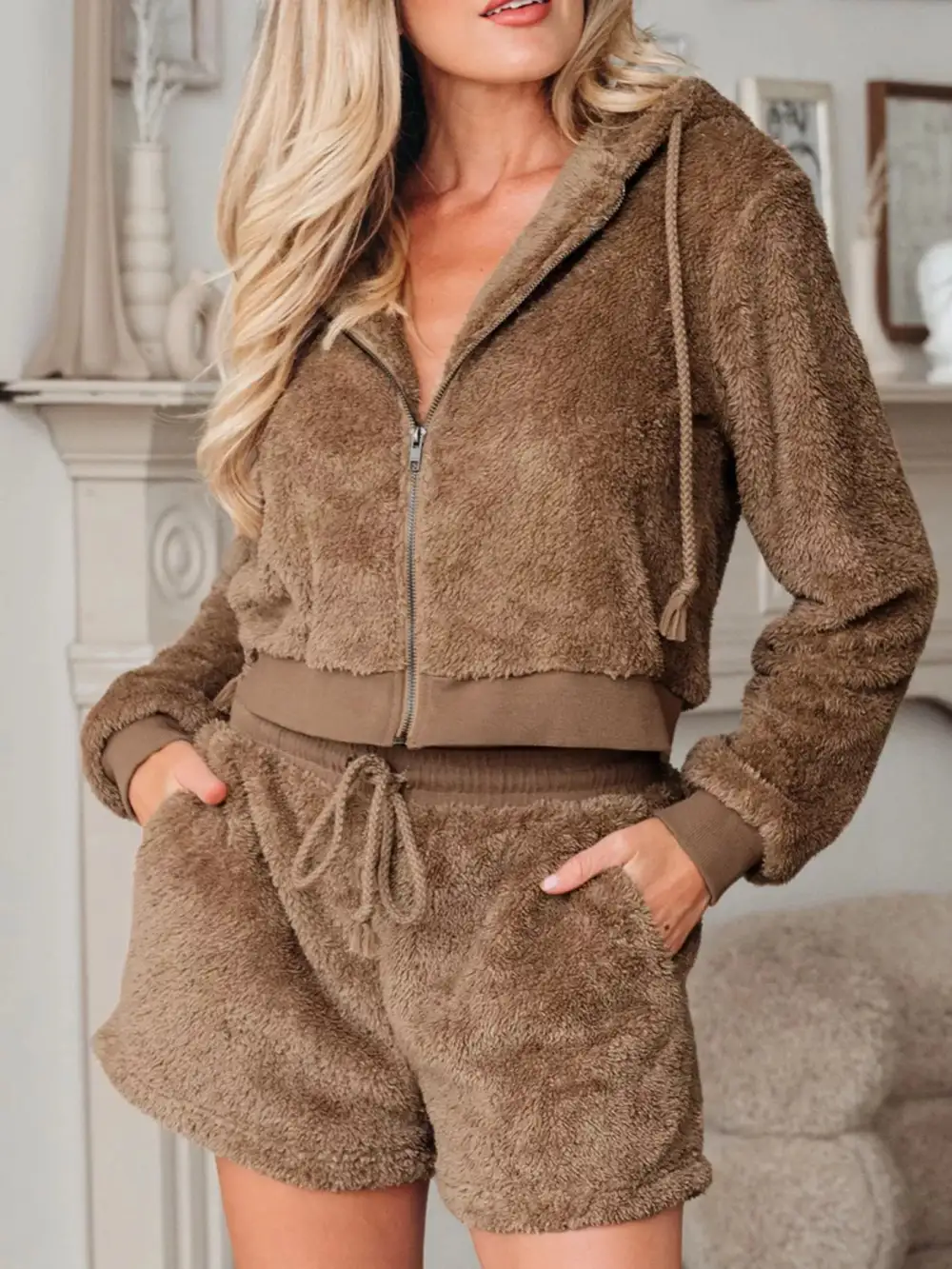 Zip Up Hoodie and Drawstring Shorts 2Pcs Outfit