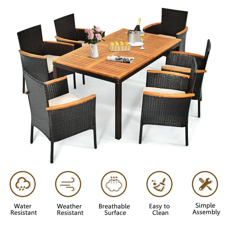 7 Piece Rattan Patio Dining Set with Acacia Wood Table & Stackable Wicker Chairs