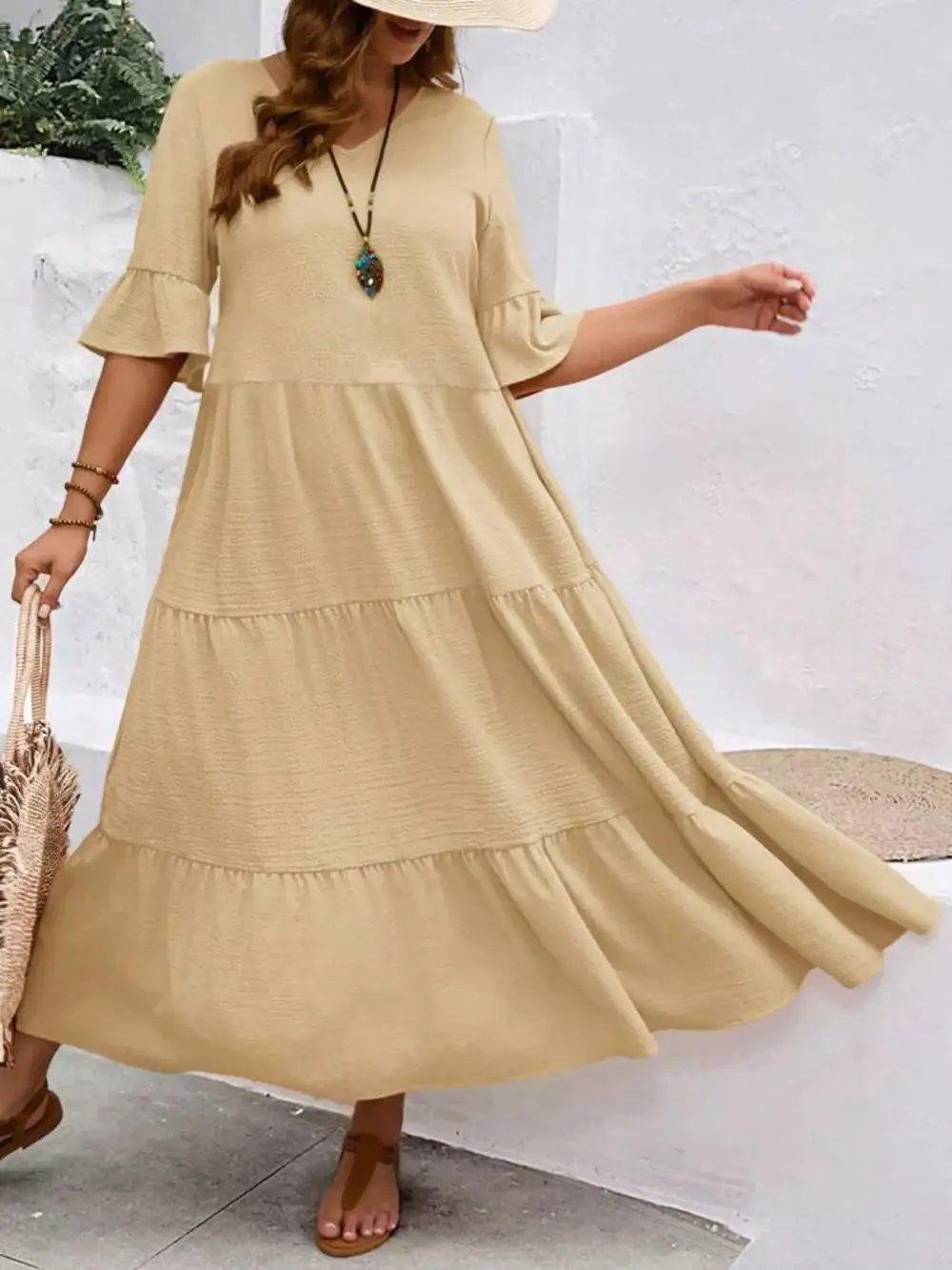 Plus Size Ruffle Sleeves Tiered Midi Dress